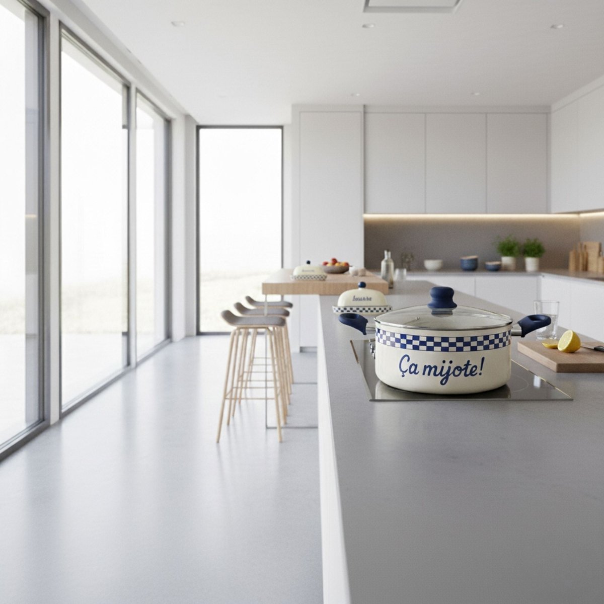 Faitout Ginette 24cm blanc à carreaux bleus posé sur îlot de cuisine moderne minimaliste avec bar et tabourets