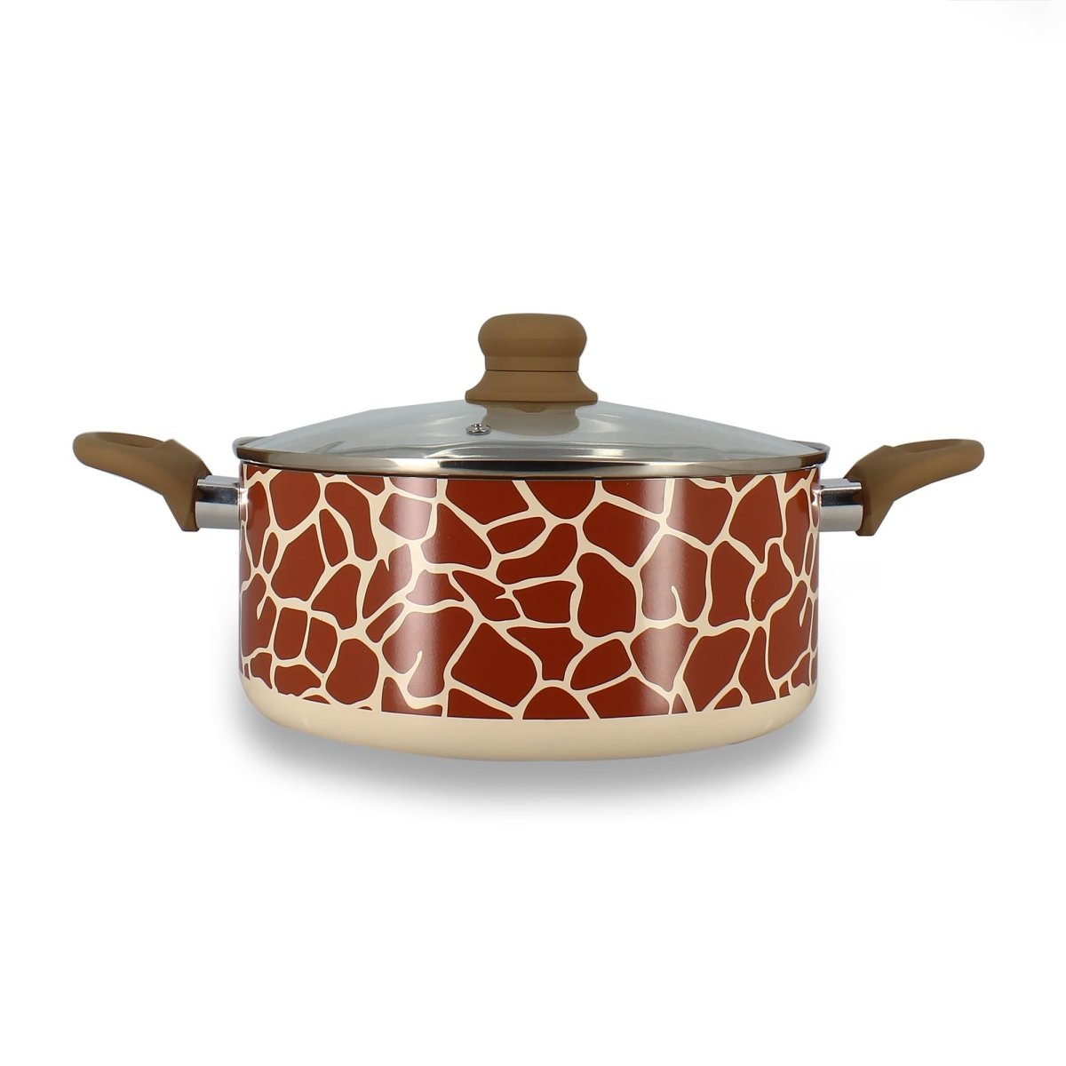 Faitout Girafe 24cm Menastyl motif marron beige, couvercle verre et poignées beiges, vue de face