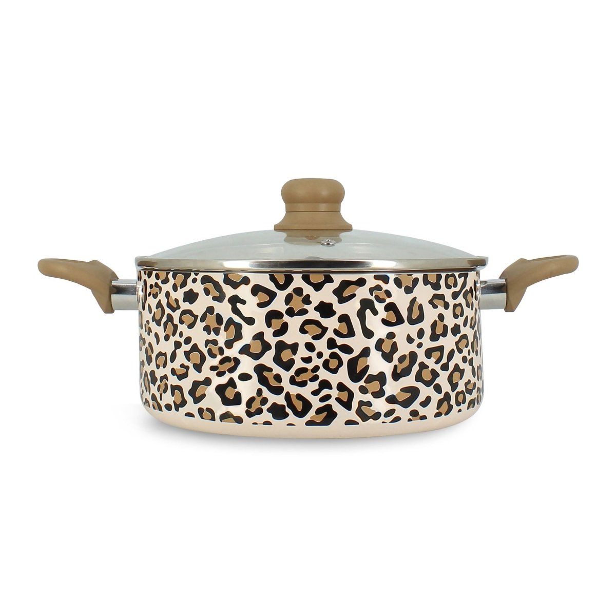 Faitout Léopard 24 cm Menastyl en aluminium avec motif animalier marron et beige, couvercle en verre et poignées bois