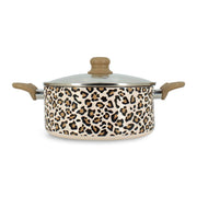 Faitout Léopard 24 cm Menastyl en aluminium avec motif animalier marron et beige, couvercle en verre et poignées bois