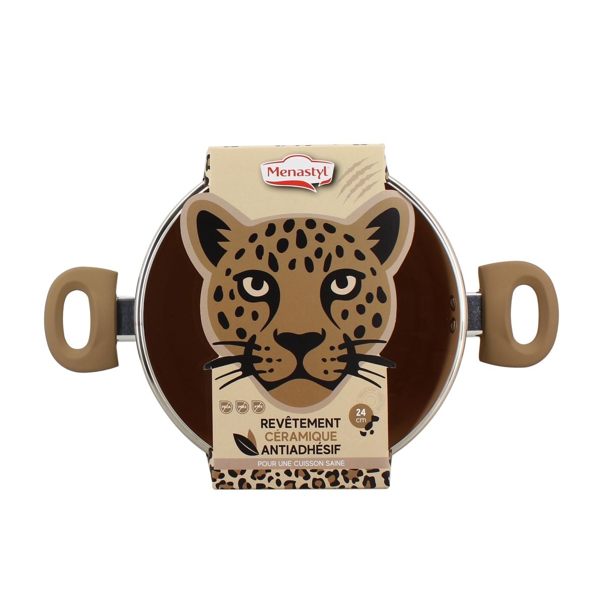 Faitout céramique 24cm avec motif léopard et deux poignées beiges, vue de face sur fond blanc