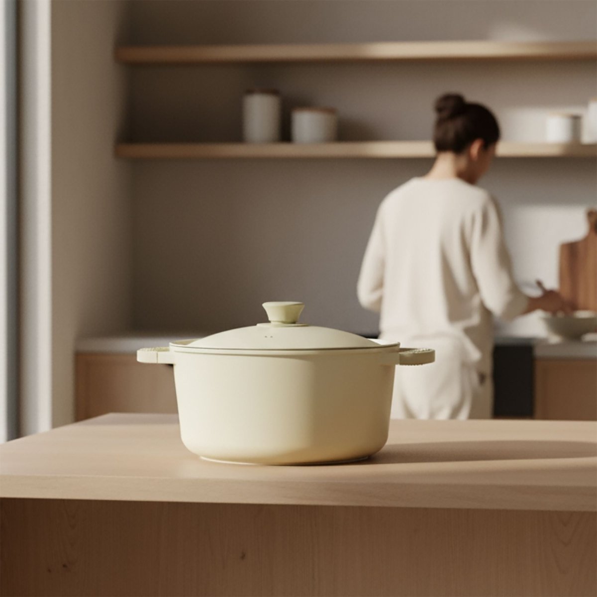 Faitout Pure crème 24cm en fonte d'aluminium sur table bois, cuisine minimaliste en arrière-plan