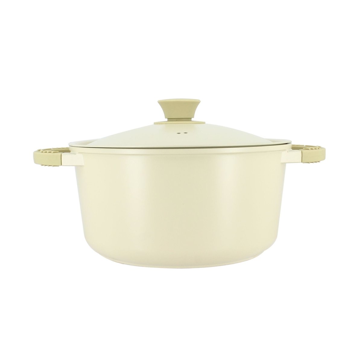 Faitout Pure 24cm Menastyl en fonte d'aluminium recyclé coloris crème avec couvercle et poignées, vue de profil