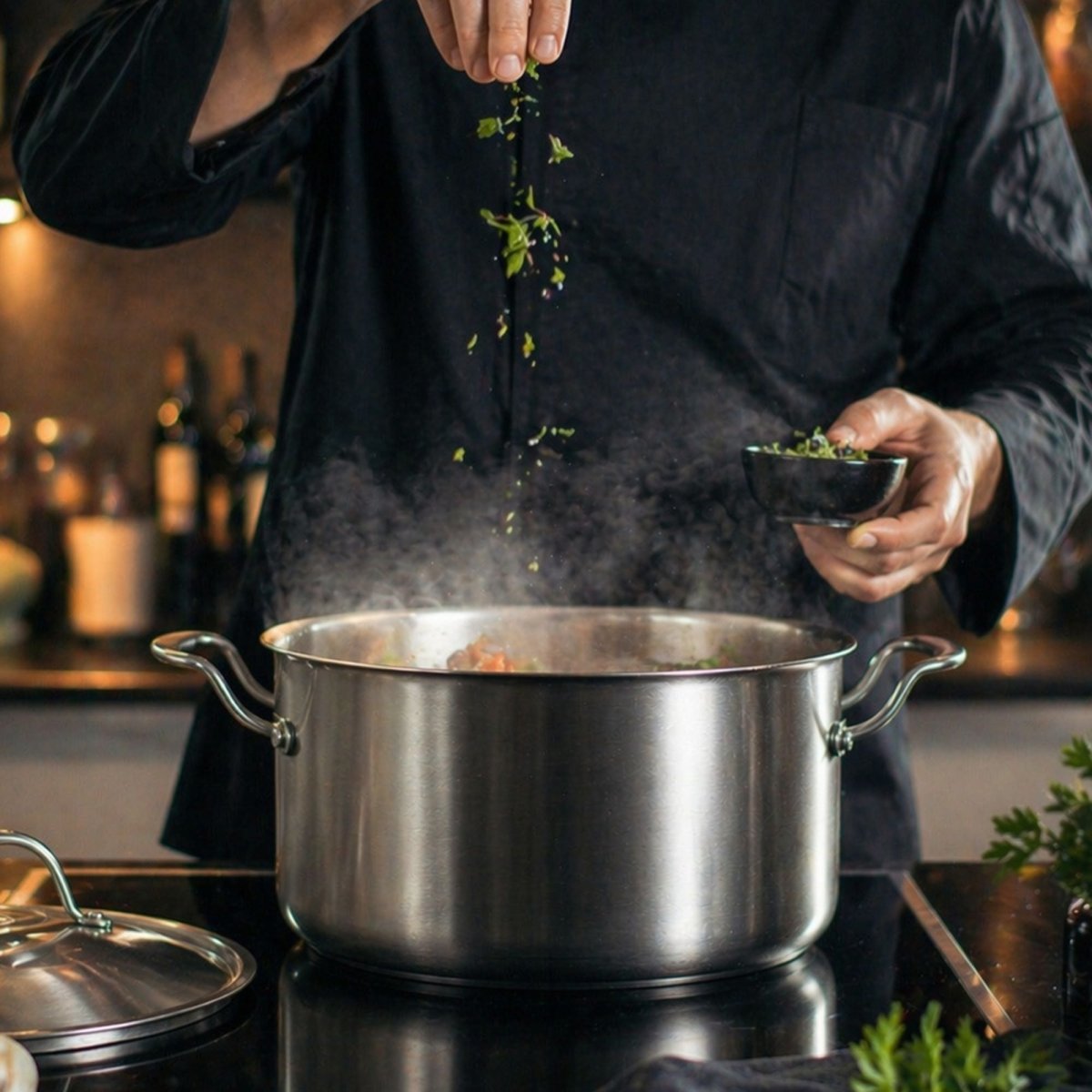 Cuisinier ajoutant des herbes fraîches dans faitout Triply 24cm en inox, vapeur s'échappant durant la cuisson