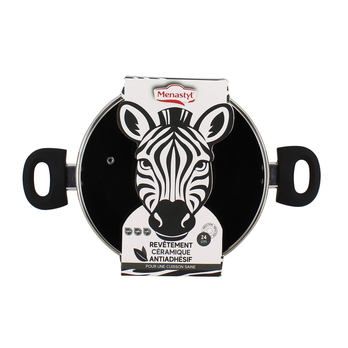 Faitout 24cm zèbre noir et blanc avec revêtement céramique antiadhésif, vue packaging avec poignées