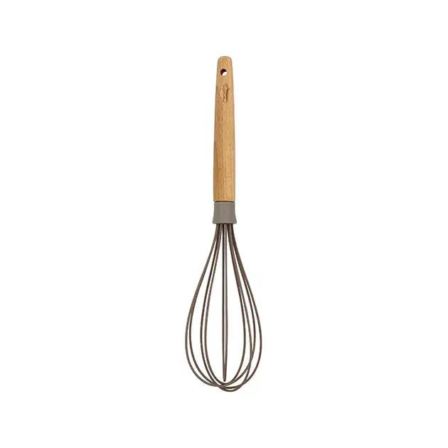 Fouet Eliott Menastyl avec manche en bois clair et fils en silicone noir, vue de face sur fond blanc