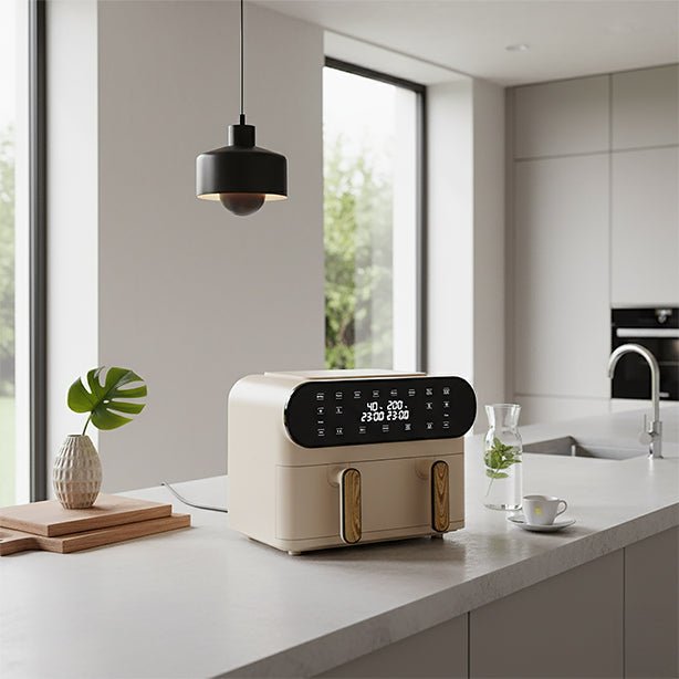 Friteuse à air chaud 11L Colorama crème double cuve posée sur plan de travail cuisine moderne, avec écran digital