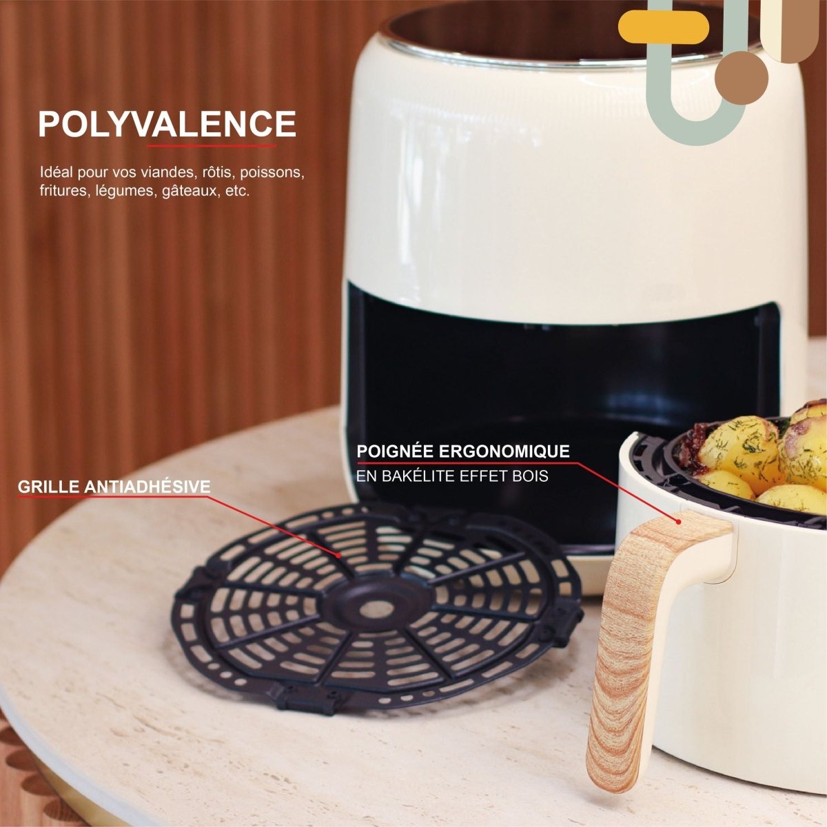 Friteuse à air chaud Colorama avec grille antiadhésive et poignée ergonomique en bakélite effet bois