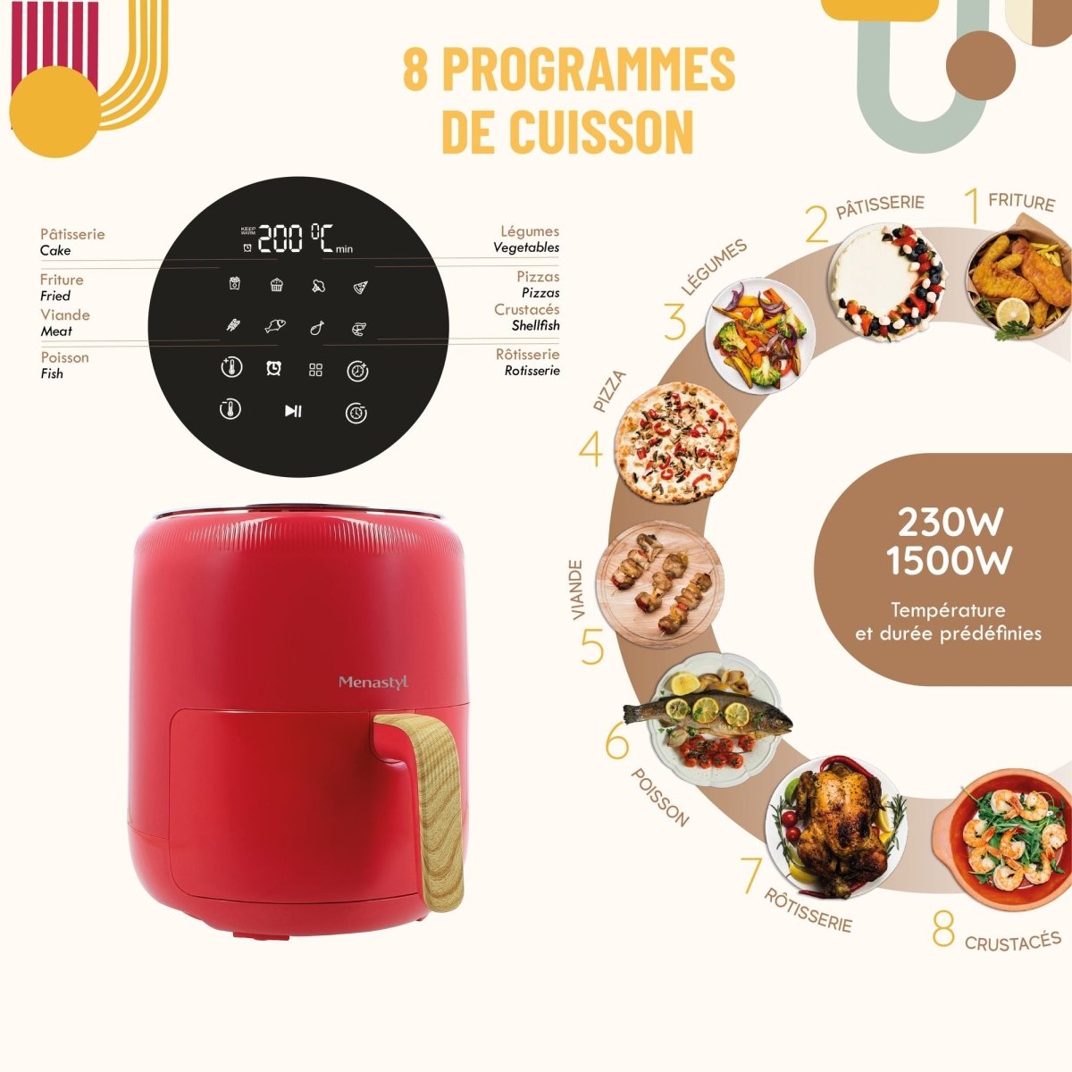 Friteuse à air chaud Colorama 4,5L rouge avec 8 programmes de cuisson illustrés : pâtisserie, friture, légumes, pizza, viande, poisson, rôtisserie et crustacés