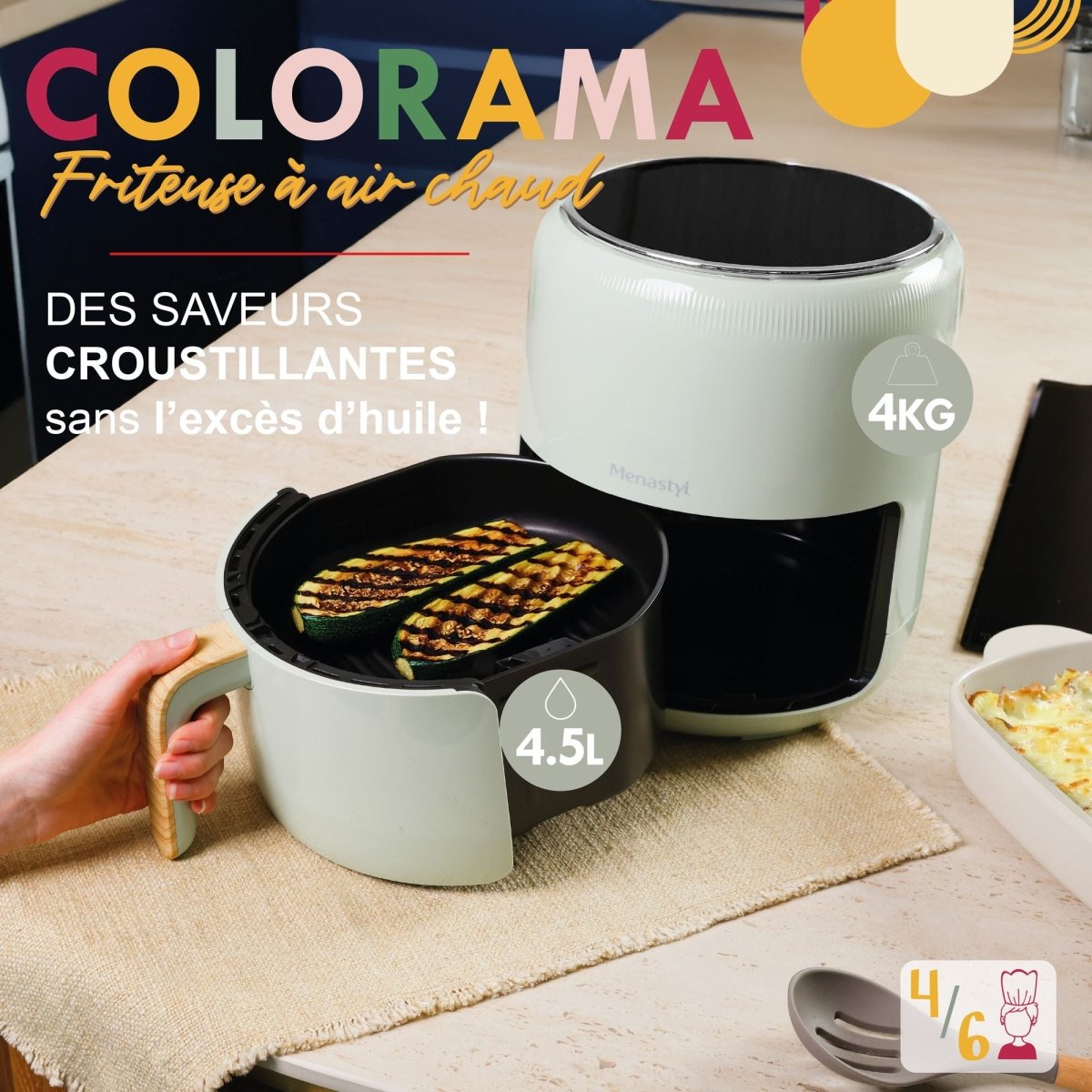 Friteuse à air chaud Colorama 4,5L blanche en action avec courgettes grillées dans le panier noir