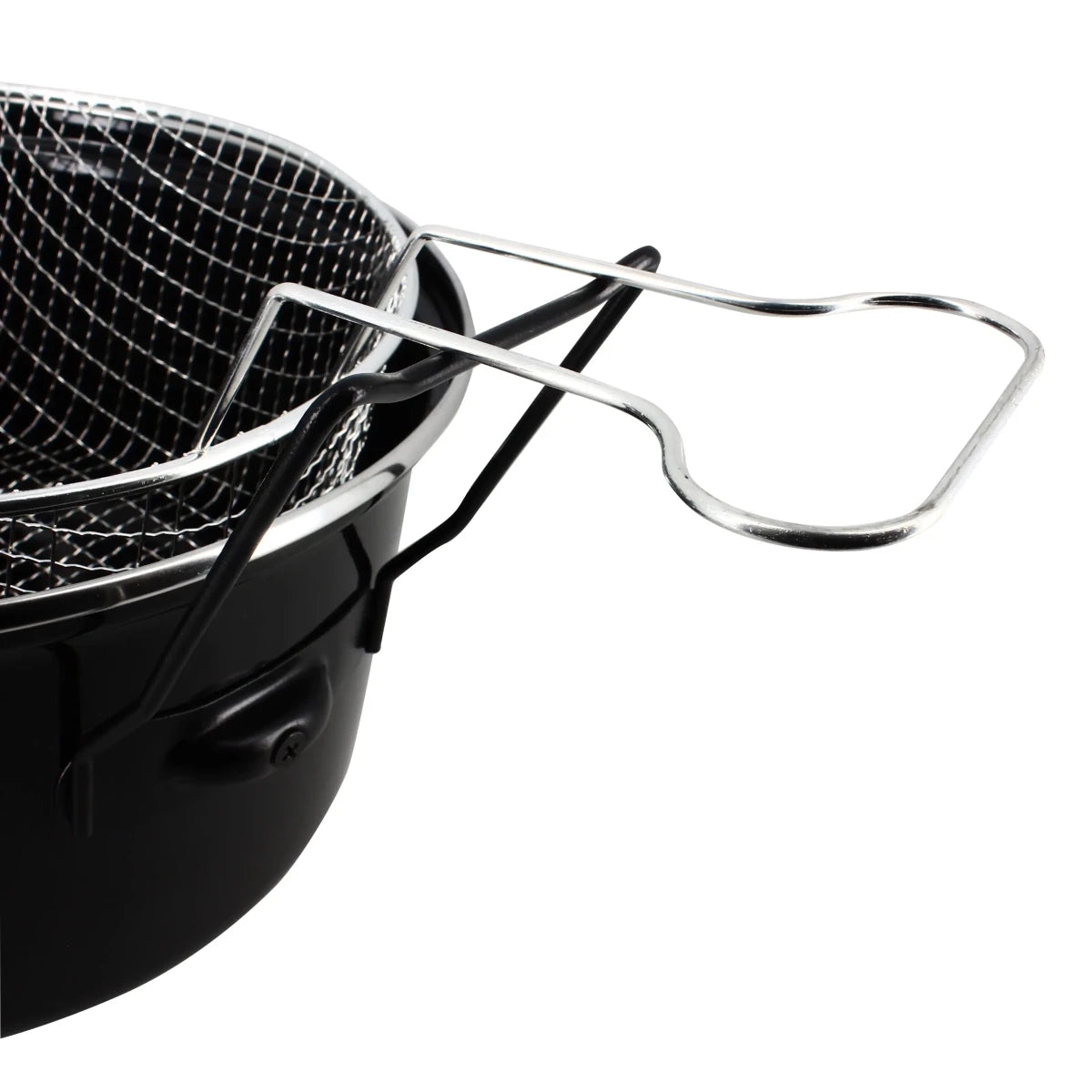 Détail panier grillagé chromé et anses métalliques de la friteuse Du Nord 28 cm en acier émaillé noir