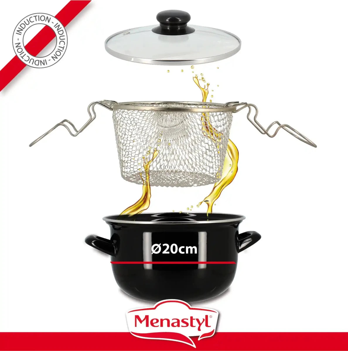 Friteuse en acier émaillé 20cm noire avec panier inox et couvercle en verre, système splashback démontré avec huile dorée