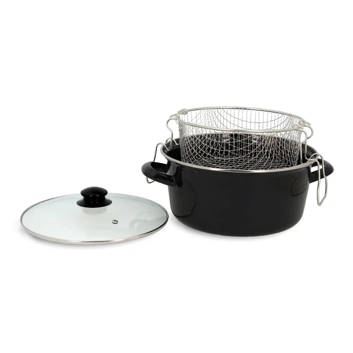 Friteuse en acier émaillé noir 26 cm Menastyl avec panier et couvercle en verre, vue d'ensemble sur fond blanc