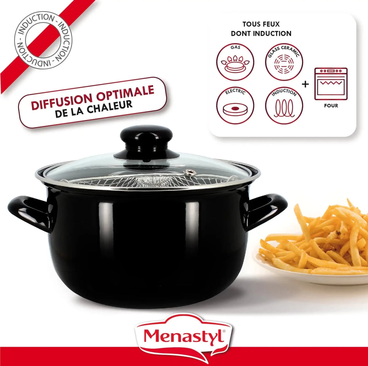 Friteuse en acier émaillé noir 26 cm avec couvercle panier, présentée avec assiette de frites dorées