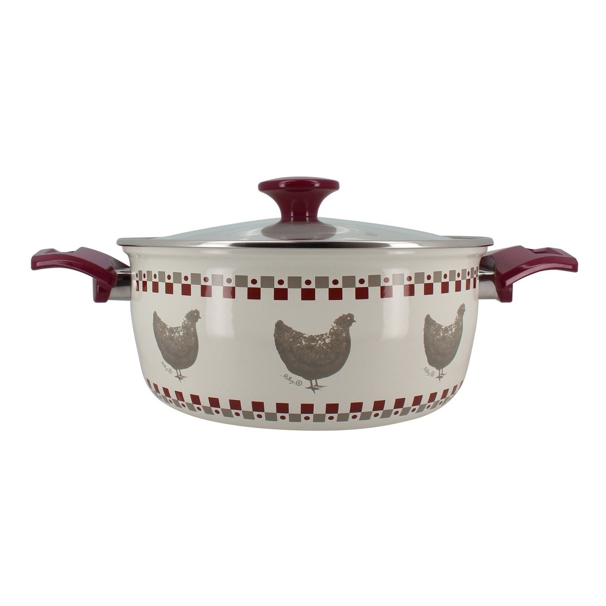 Friteuse Gallina 24cm en acier émaillé avec décor poules et motifs carreaux, vue de face avec couvercle et poignées bordeaux