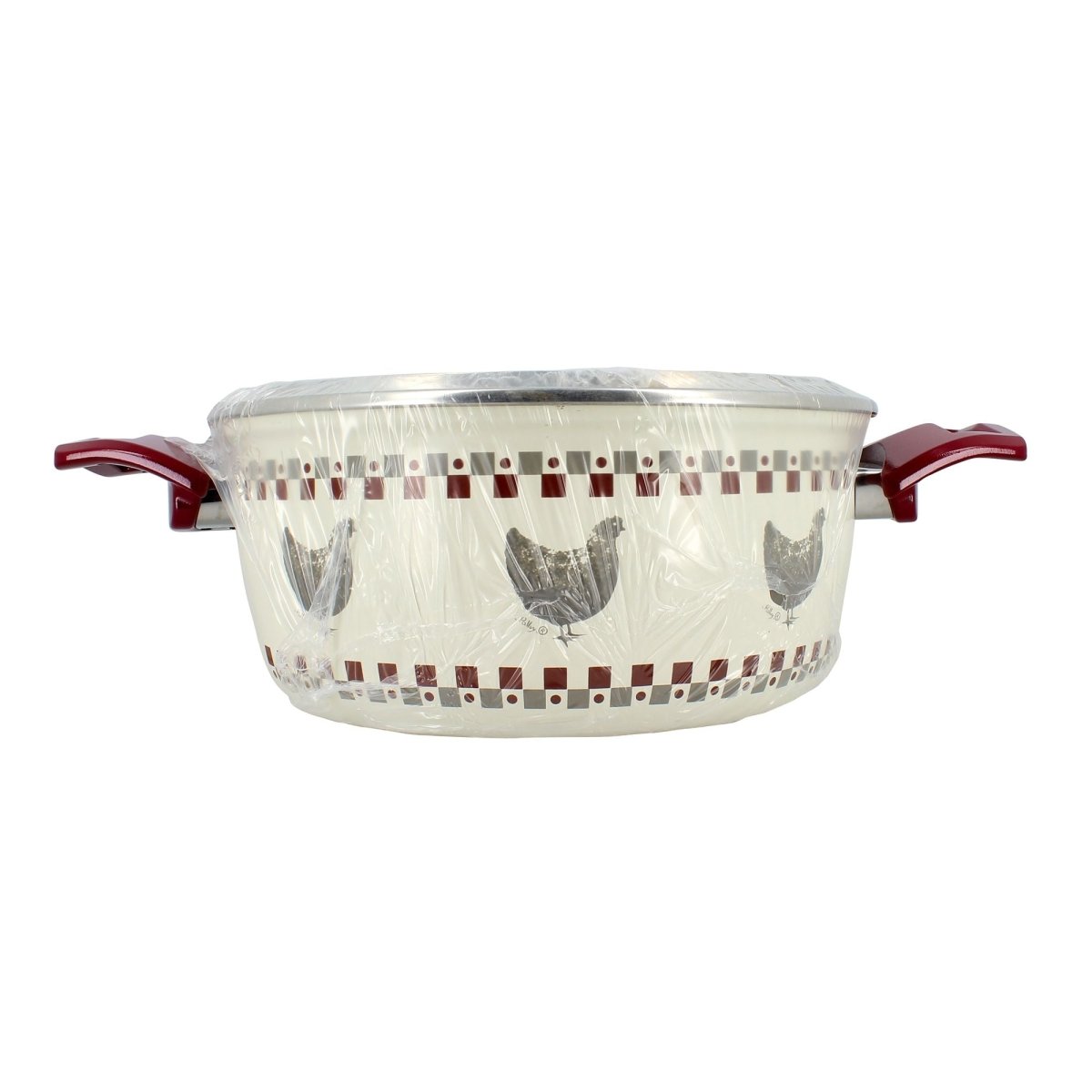 Friteuse Gallina 24cm en acier émaillé beige avec motifs poules grises, anses bordeaux, emballée sous film transparent