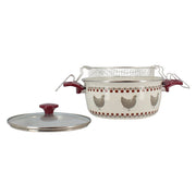 Friteuse Gallina 24cm en acier émaillé Menastyl avec panier, décor poules et damier bordeaux, vue de face avec couvercle