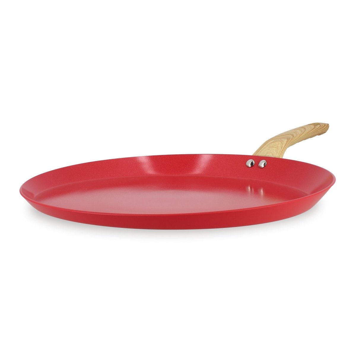 Galetière Colorama 32 cm rouge avec manche bois clair, vue de profil sur fond blanc