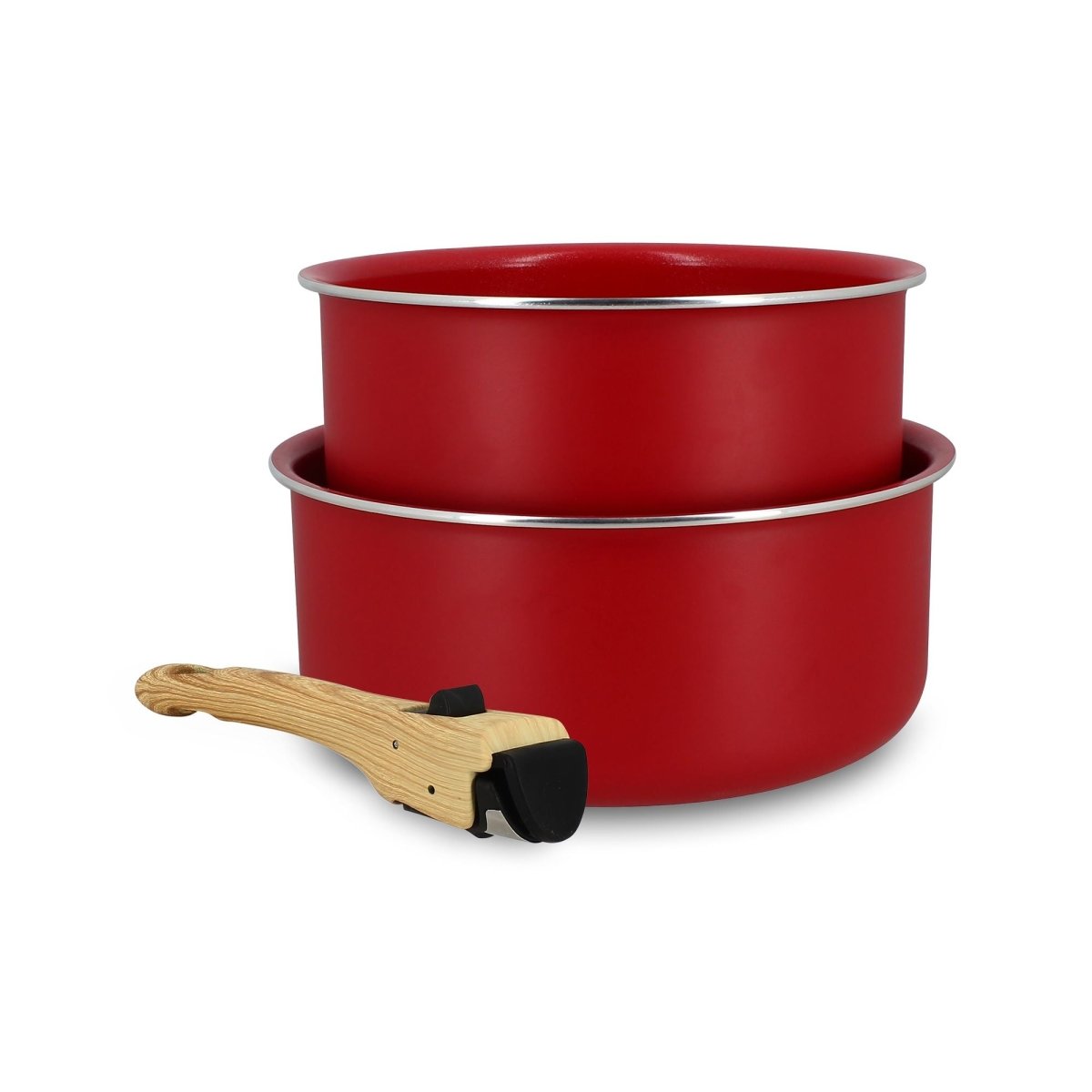 Lot de 2 casseroles Colorama rouges 16 et 18 cm en aluminium avec poignée amovible en bois, vue détaillée empilées