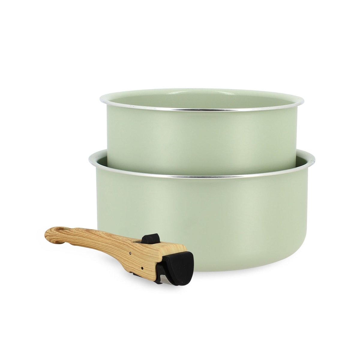 Lot de 2 casseroles Colorama Menastyl 16 et 18 cm vert sauge avec poignée bois amovible, fond blanc