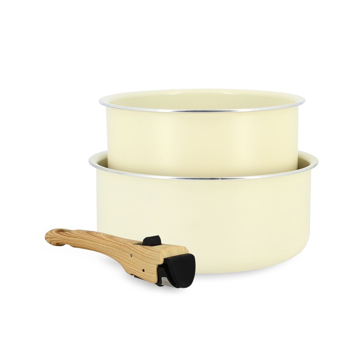 Lot de 2 casseroles Colorama 16 et 18 cm jaune pastel avec poignée amovible en bois, fond blanc