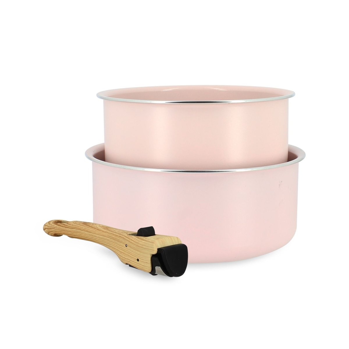 Lot de 2 casseroles Colorama rose pâle 16 et 18 cm avec poignée amovible bois, vue d'ensemble sur fond blanc
