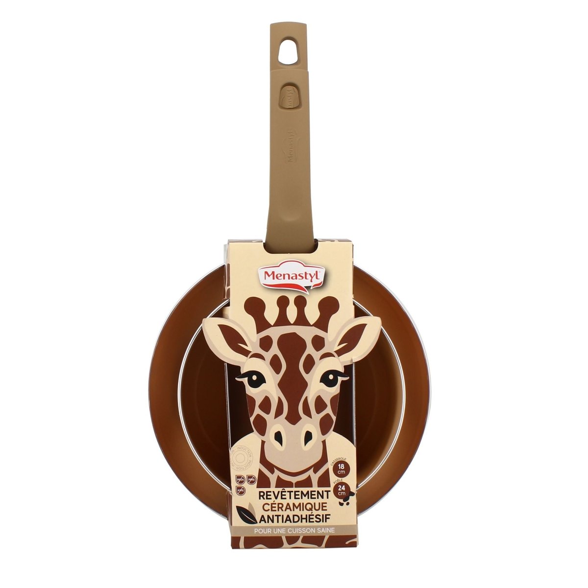 Poêle 24cm aluminium à revêtement céramique beige vue de face sur emballage motif girafe
