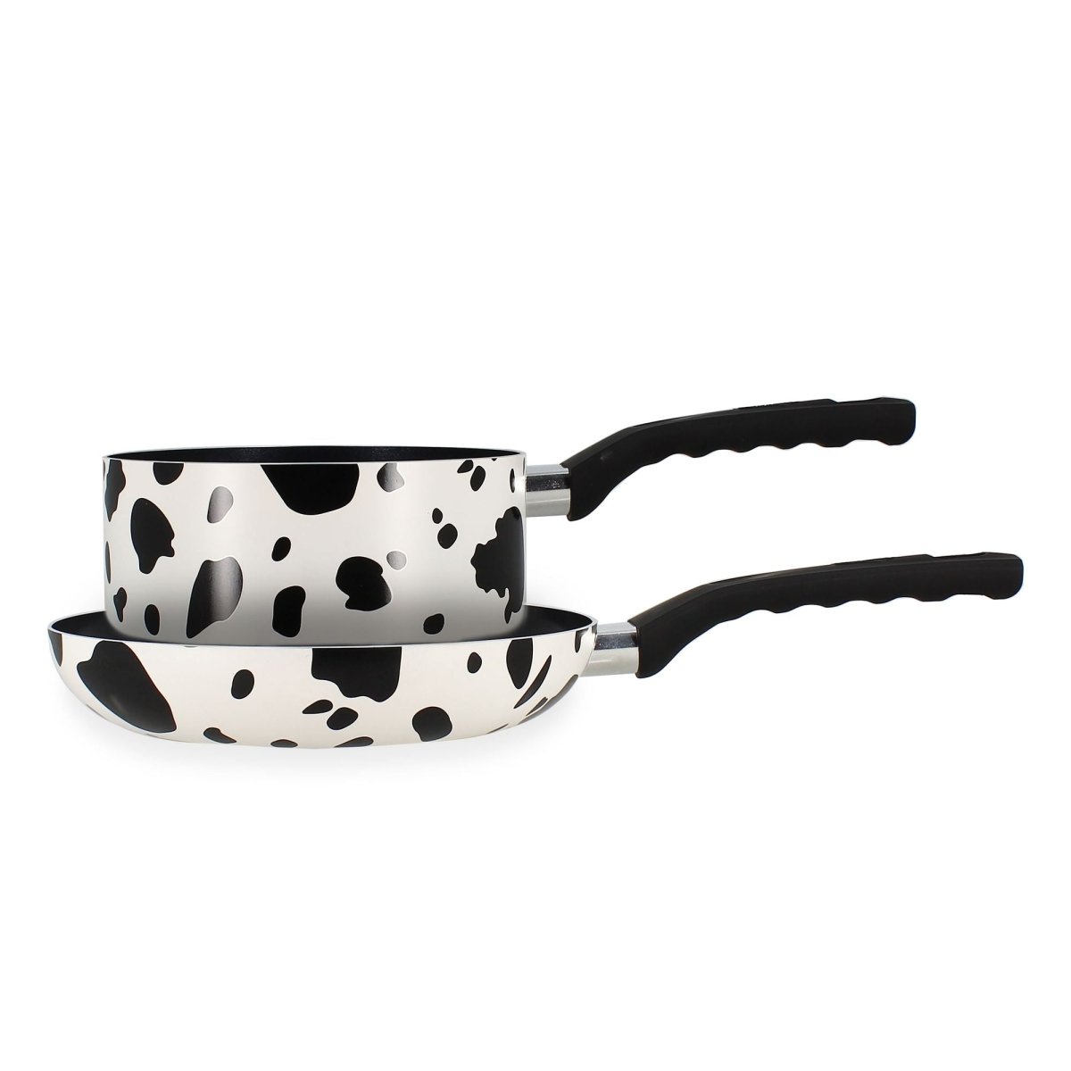 Lot 2 pièces casserole et poêle Menastyl motif vache noir et blanc, revêtement céramique, poignées noires