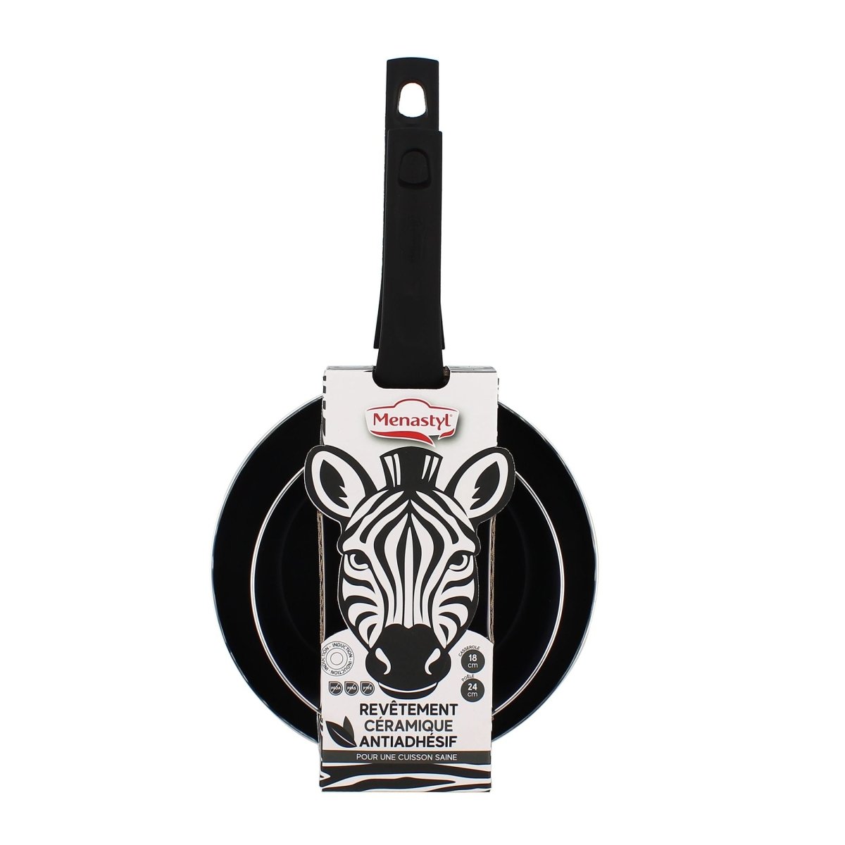 Poêle Zèbre en aluminium avec revêtement céramique antiadhésif, vue packaging avec motif graphique blanc