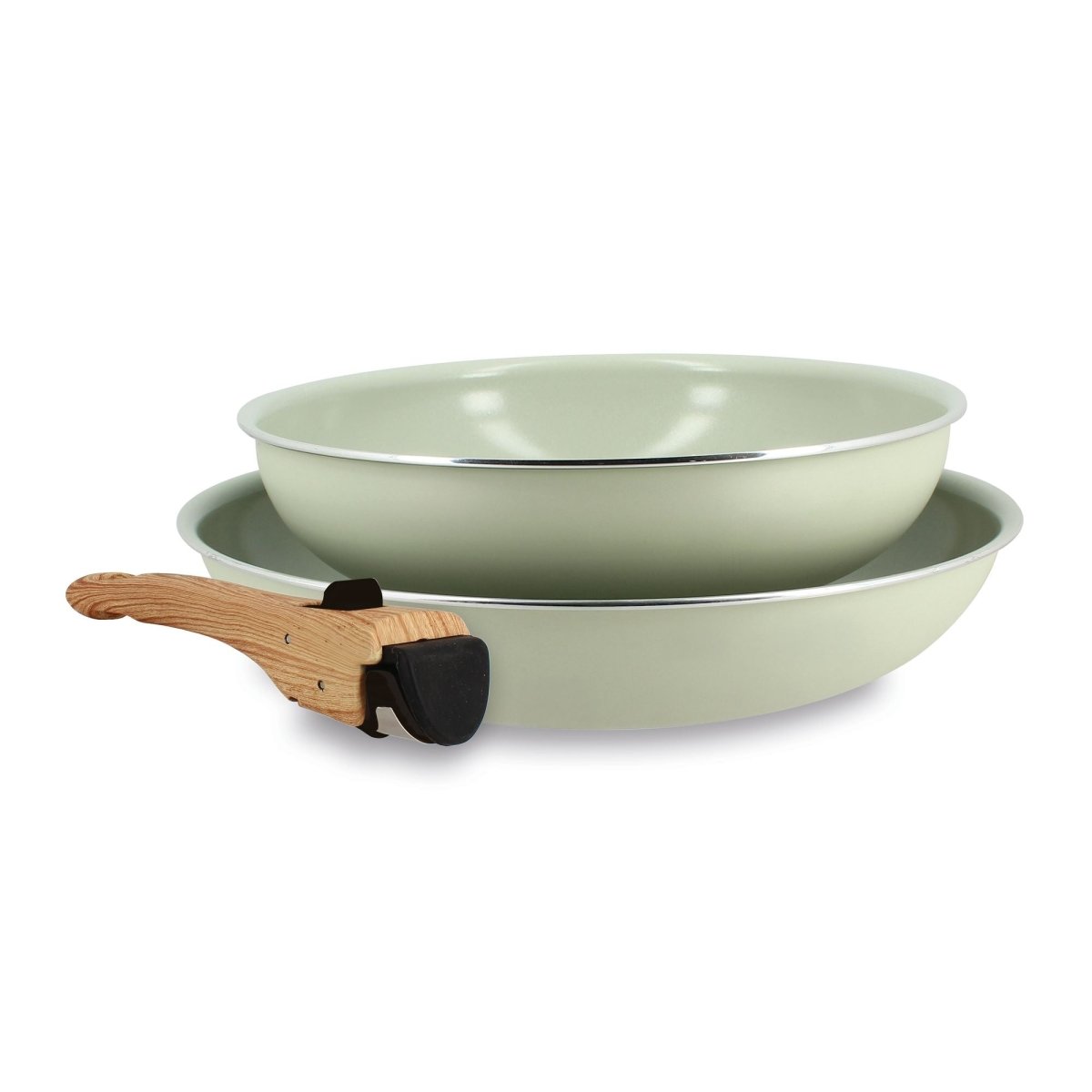 Lot de 2 poêles Colorama Menastyl en aluminium recyclé vert menthe avec poignée amovible bois, vue d'ensemble