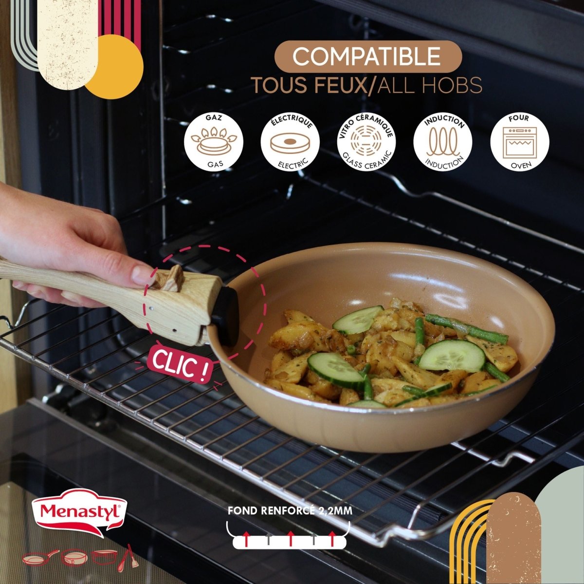 Poêle Colorama beige avec poignée amovible bois dans four ouvert, compatible tous feux dont induction