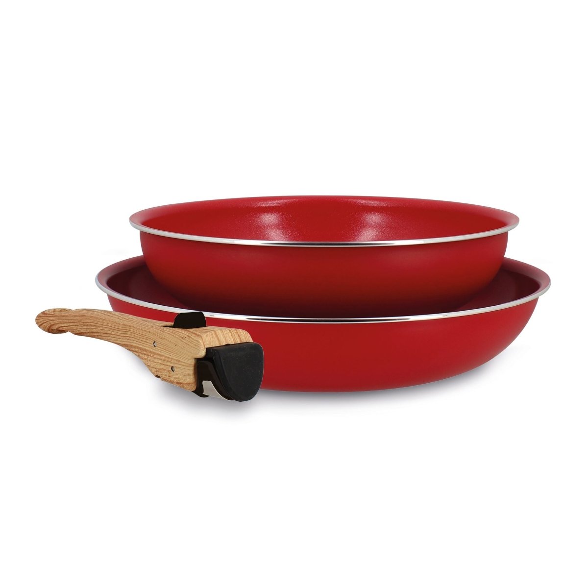 Lot de 2 poêles Colorama rouges 22 et 26 cm en aluminium recyclé avec poignée amovible bois