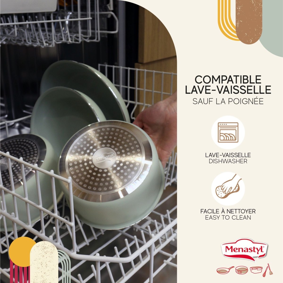 Poêles Colorama en aluminium recyclé disposées dans un lave-vaisselle ouvert, compatible lavage automatique