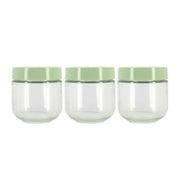Lot de 3 boîtes hermétiques 30cl en verre transparent avec couvercles verts Menastyl, vue de face sur fond blanc