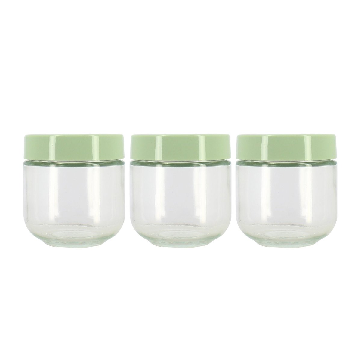 Lot de 3 boîtes hermétiques 30cl en verre transparent avec couvercles verts Menastyl, vue de face sur fond blanc