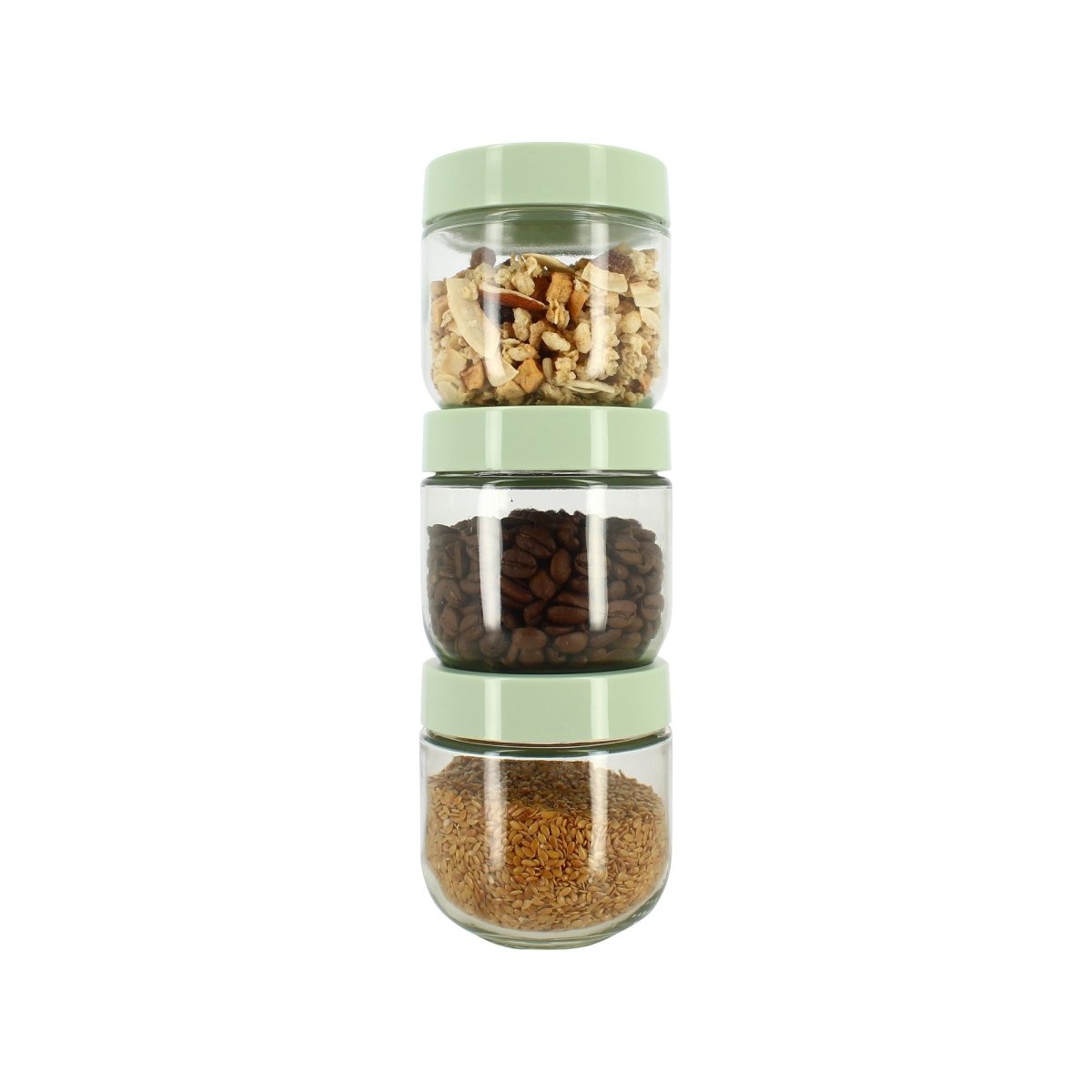 Lot de 3 boîtes hermétiques empilées en verre transparent avec couvercles verts contenant fruits secs, café et graines