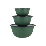 Lot de 3 bols conservation ronds verts empilés avec couvercles noirs Menastyl, texture antidérapante