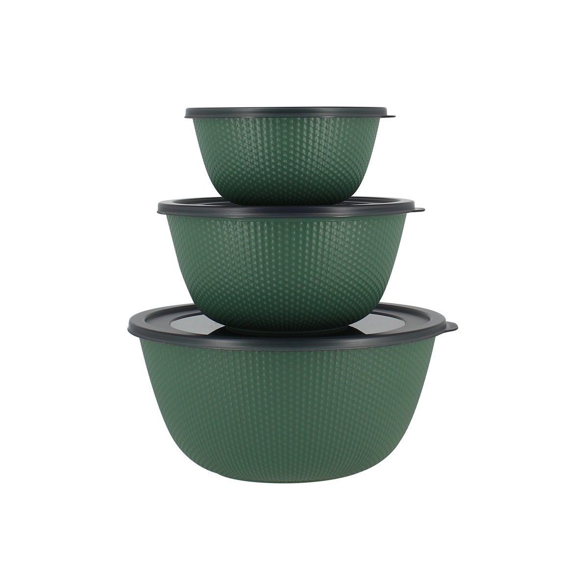 Lot de 3 bols conservation ronds verts empilés avec couvercles noirs Menastyl, texture antidérapante