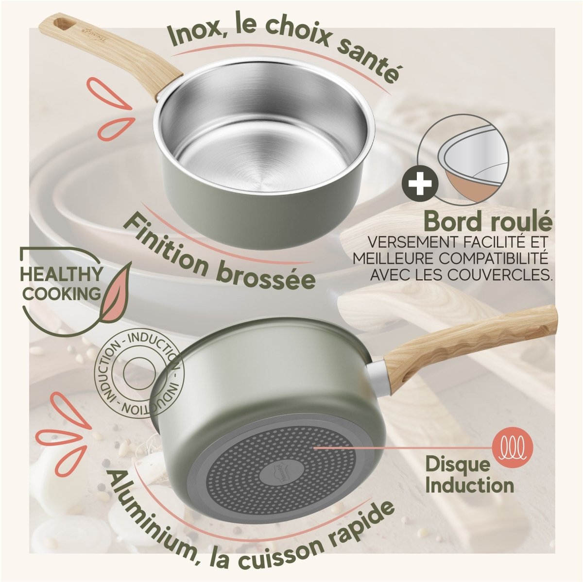 Infographie casseroles Easynox : inox santé, finition brossée, bord roulé, aluminium cuisson rapide, compatible induction