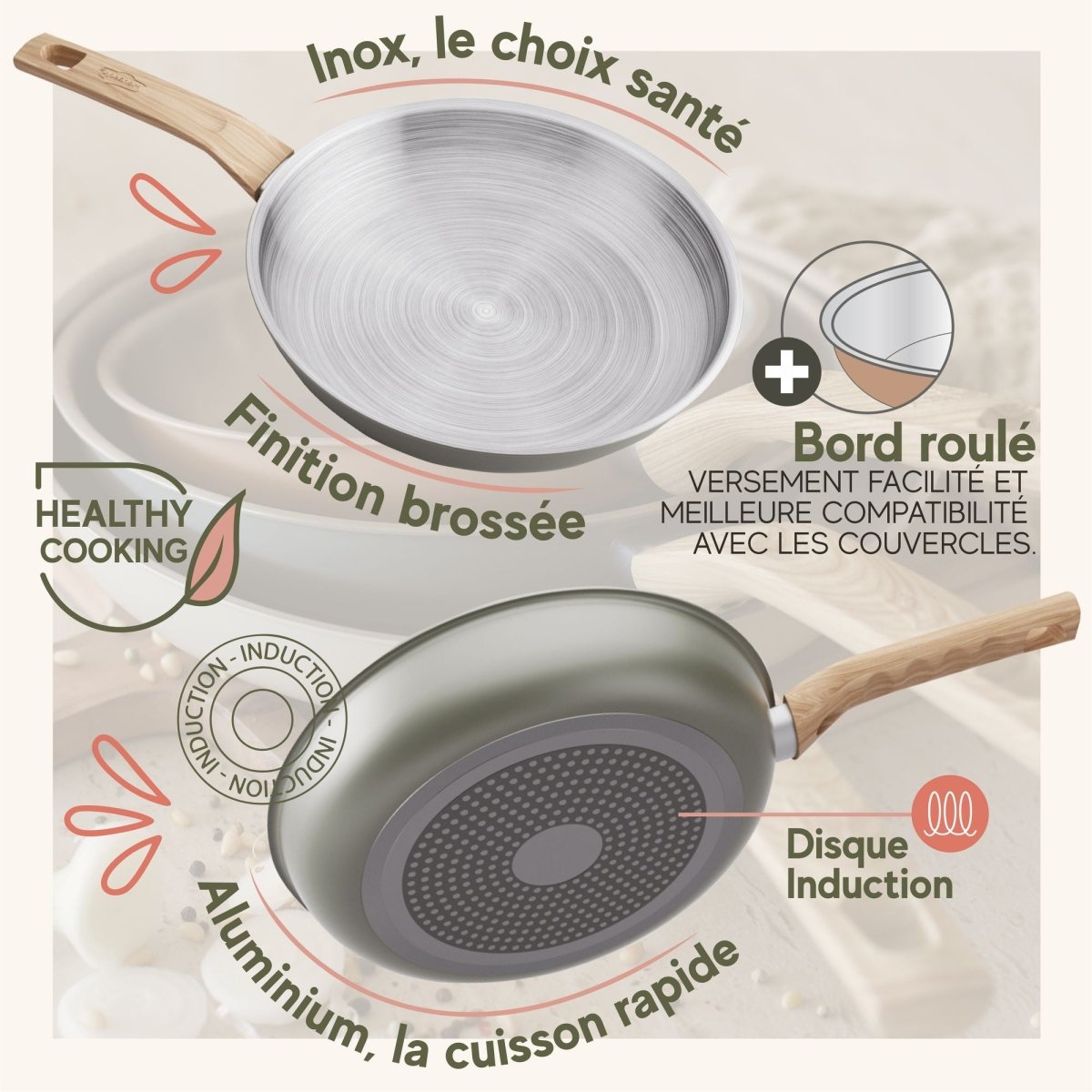 Infographie poêles Easynox inox et aluminium : finition brossée, bord roulé, disque induction, cuisson saine