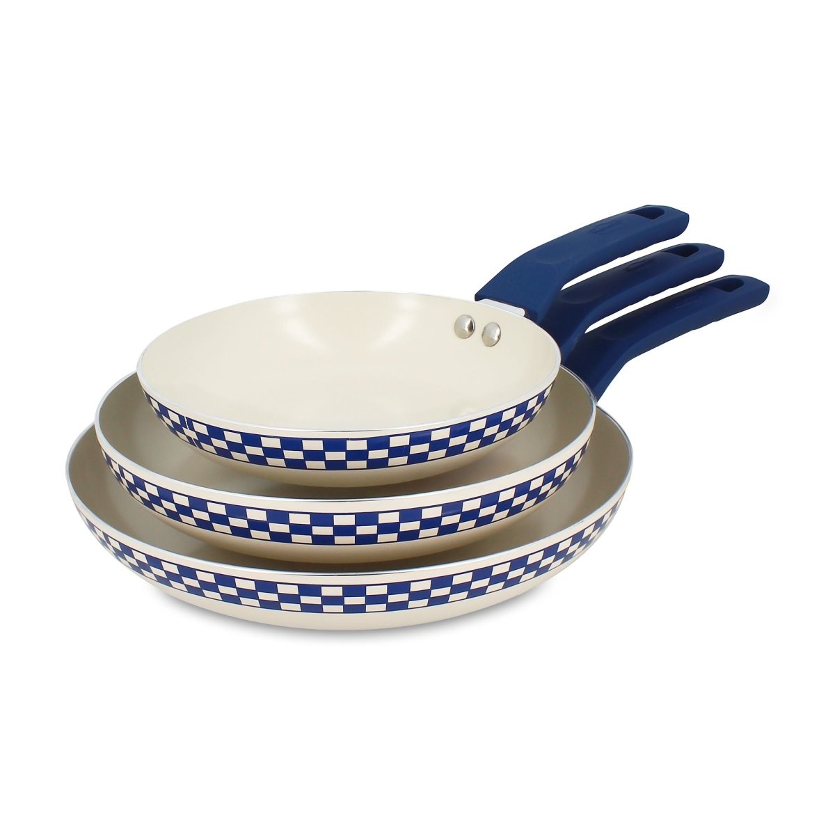 Lot de 3 poêles Ginette empilées motif carreaux bleu et blanc, manches bleus, aluminium recyclé Menastyl