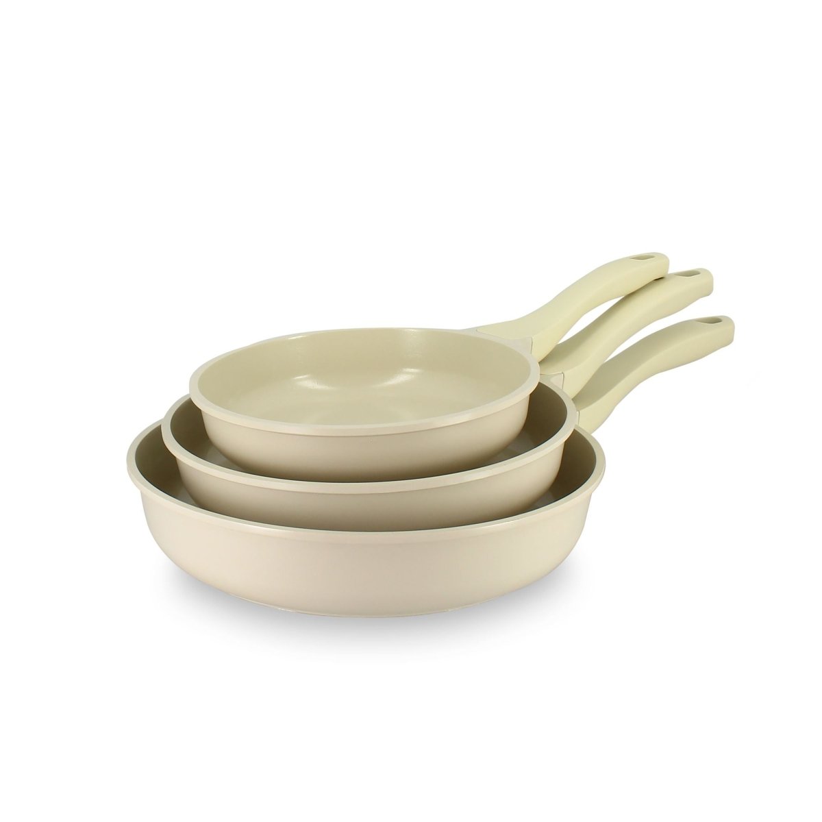 Lot de 3 poêles Pure Menastyl crème en fonte d'aluminium recyclé, diamètres 20, 24 et 28 cm, empilées