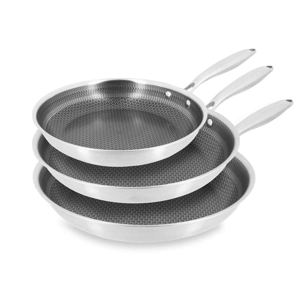 Lot de 3 poêles Trinox antiadhésives Menastyl empilées, intérieur gris texturé, extérieur inox argenté