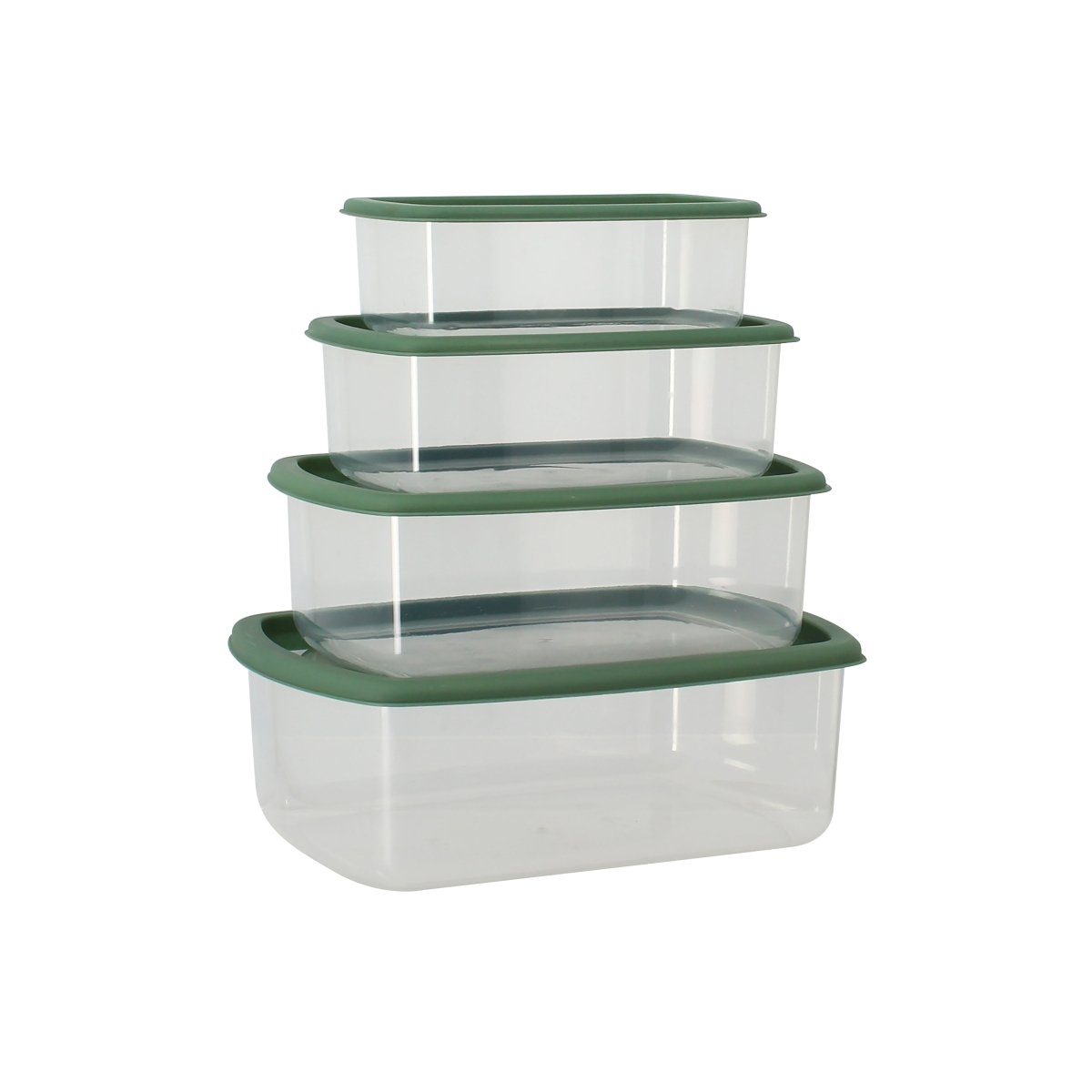 Lot de 4 boîtes de conservation rectangulaires Menastyl empilées, transparentes avec couvercles verts