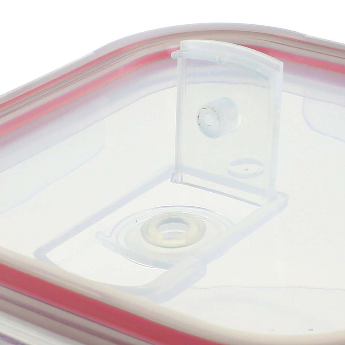 Détail du couvercle hermétique d'une boîte de conservation Clémentine avec joint silicone rose et valve d'air