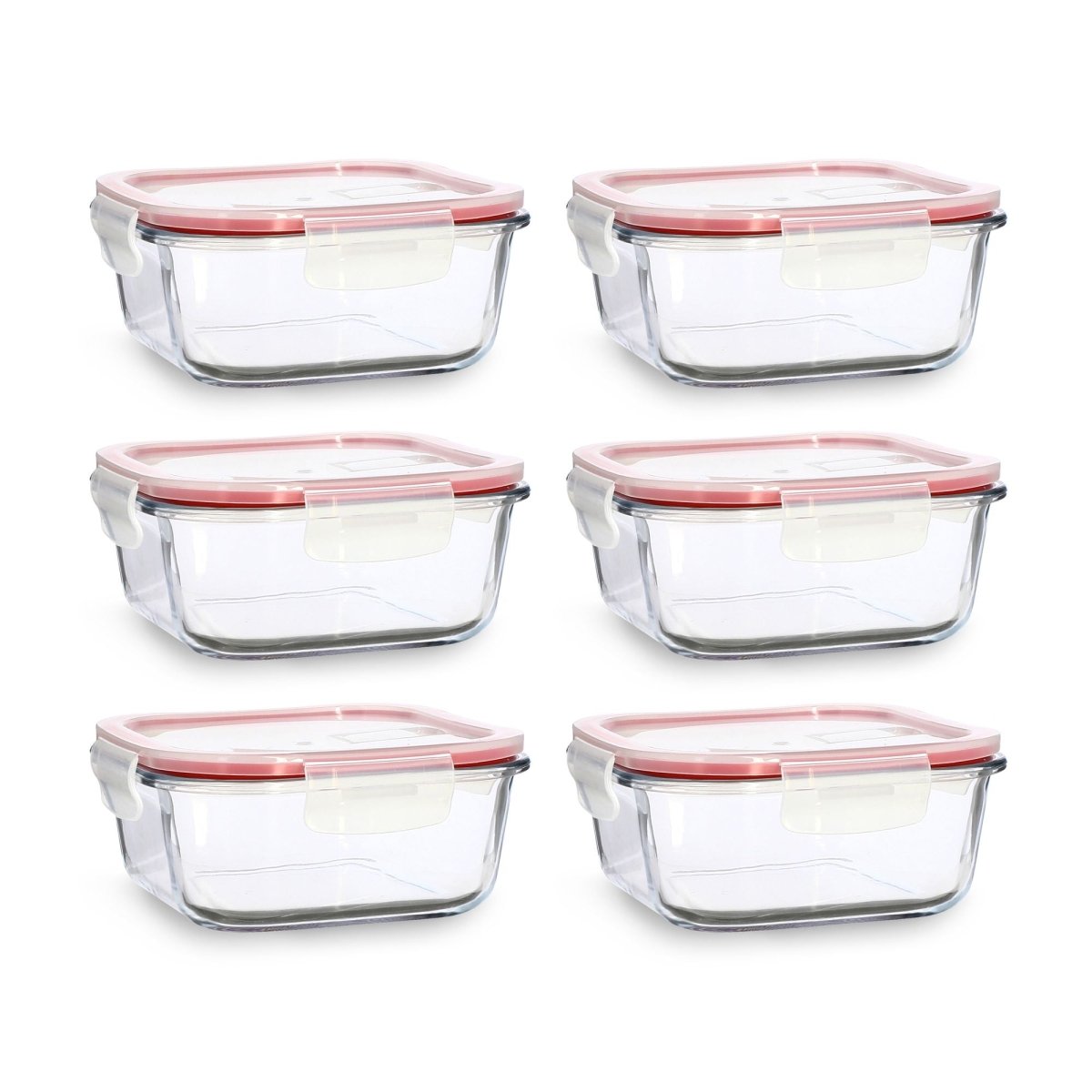 Six boîtes hermétiques rectangulaires Clémentine 800mL en verre transparent avec couvercles roses Menastyl, vue d'ensemble