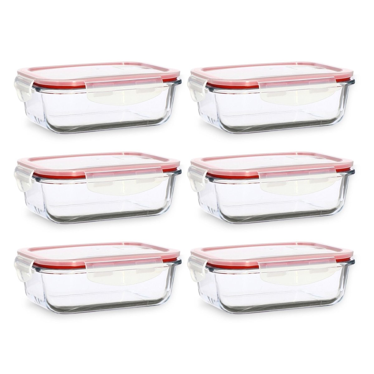 Lot de 6 boîtes hermétiques rectangulaires 630mL en verre avec couvercles rouges Menastyl, vue d'ensemble