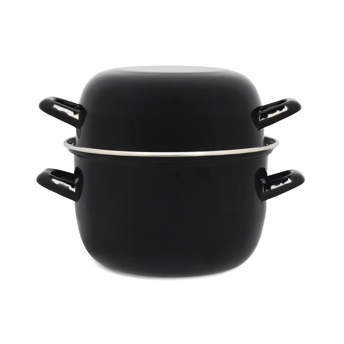 Marmite à moules 18 cm en acier émaillé noir Menastyl avec couvercle dôme et doubles poignées, vue de face