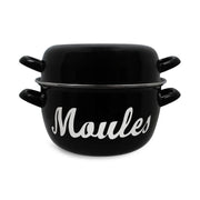 Marmite à moules noire en acier émaillé 18 cm Menastyl avec couvercle et poignées, inscription Moules blanche