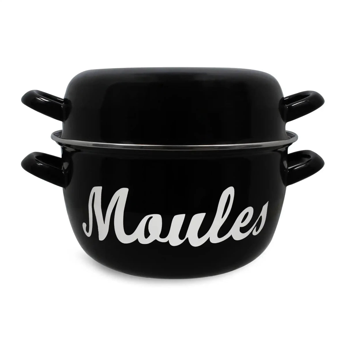 Marmite à moules 24cm en acier émaillé noir Menastyl avec couvercle et inscription blanche, vue de face